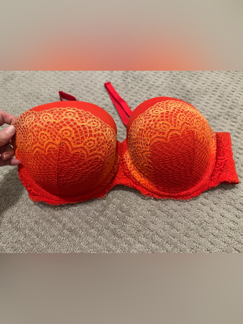 Lane Bryant Cacique Orange Red Ombré Strapless Lace Bra